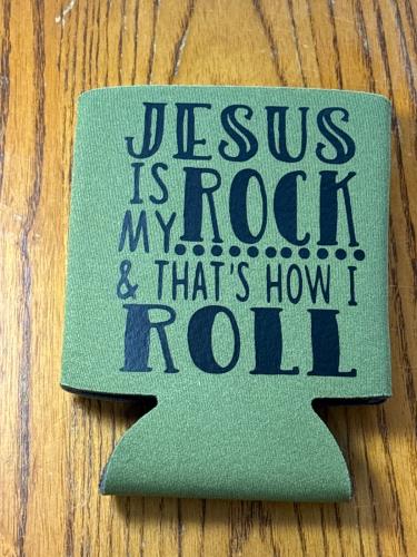Jesus rocks koozie green