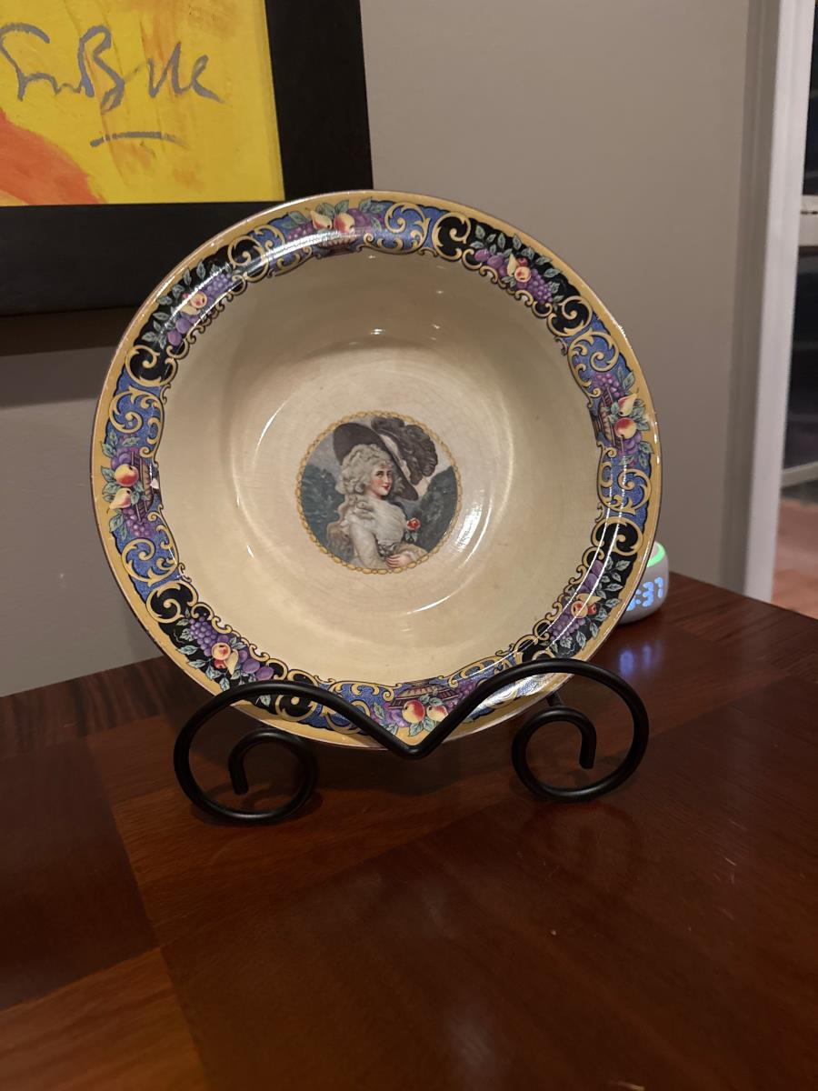 Vintage Decorative Porcelain Bowl with Portrait and Floral Design
