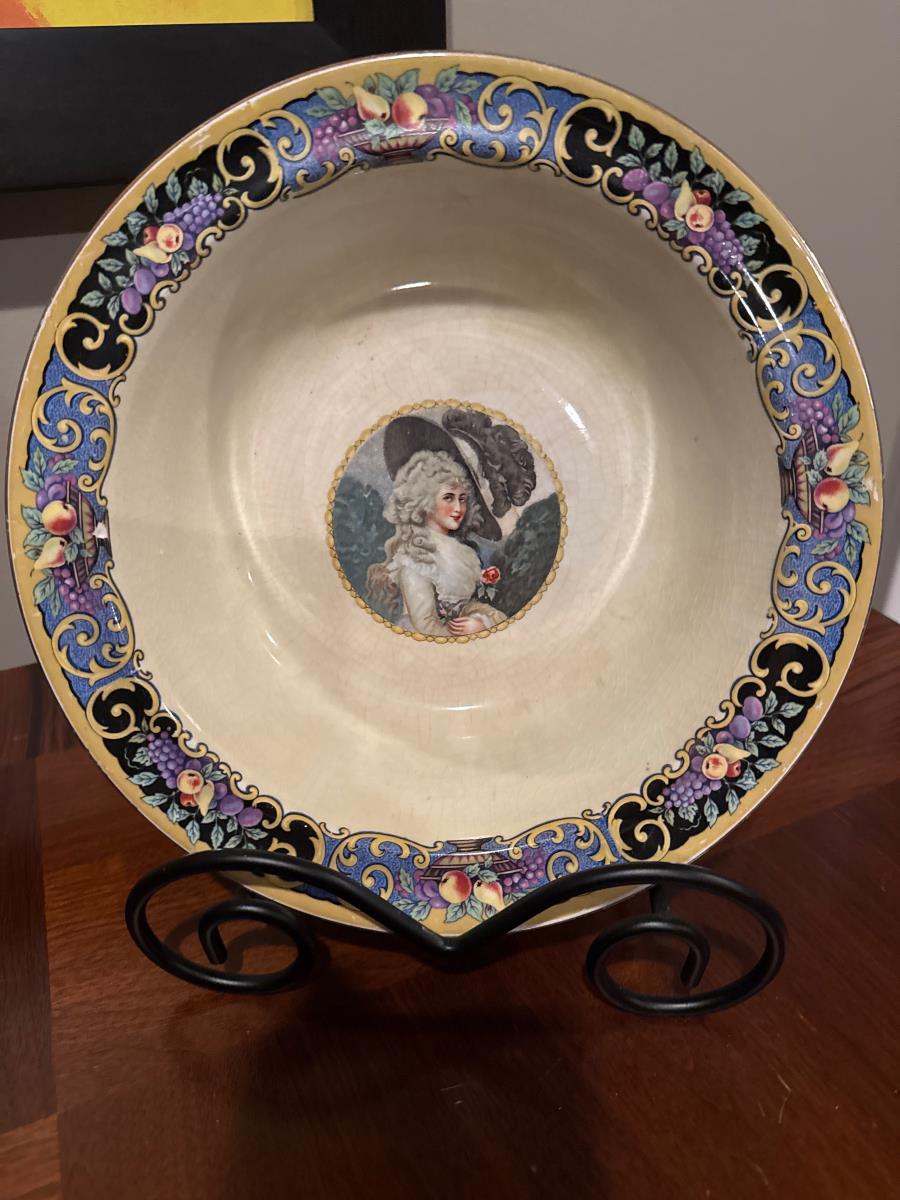 Vintage Decorative Porcelain Plate with Portrait and Floral Motif