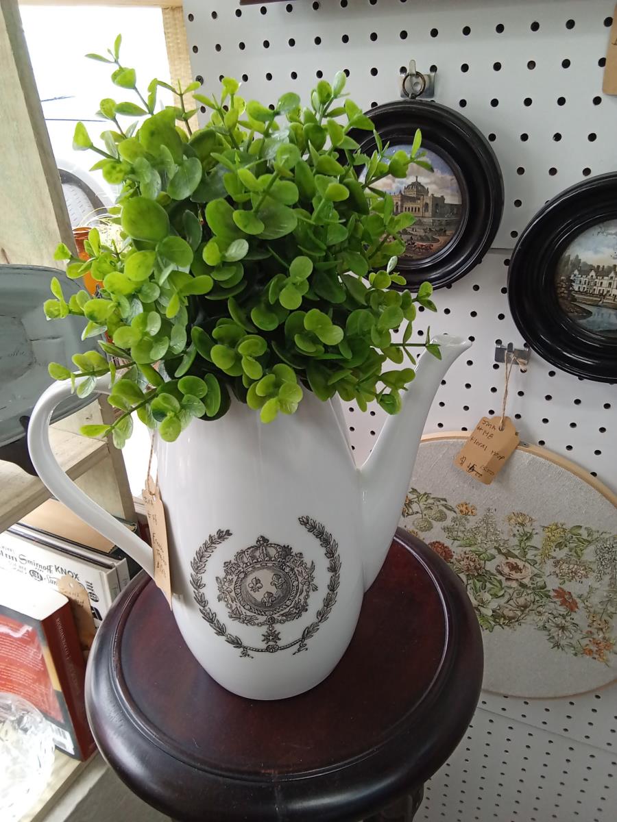 Vintage French Style Porcelain Coffee Pot with Faux Plant