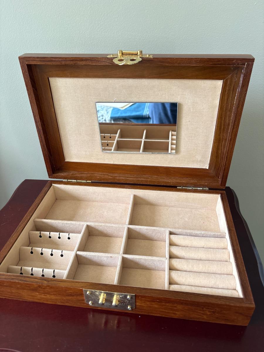 Wooden Jewelry Box with Mirror and Brass Detailing
